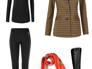 The cabi Standout Jacket styled with the cabi Bexley Legging and Layer Turtleneck, accessoried with the cabi Deidre scarf and Naturalizer Winnie riding boots