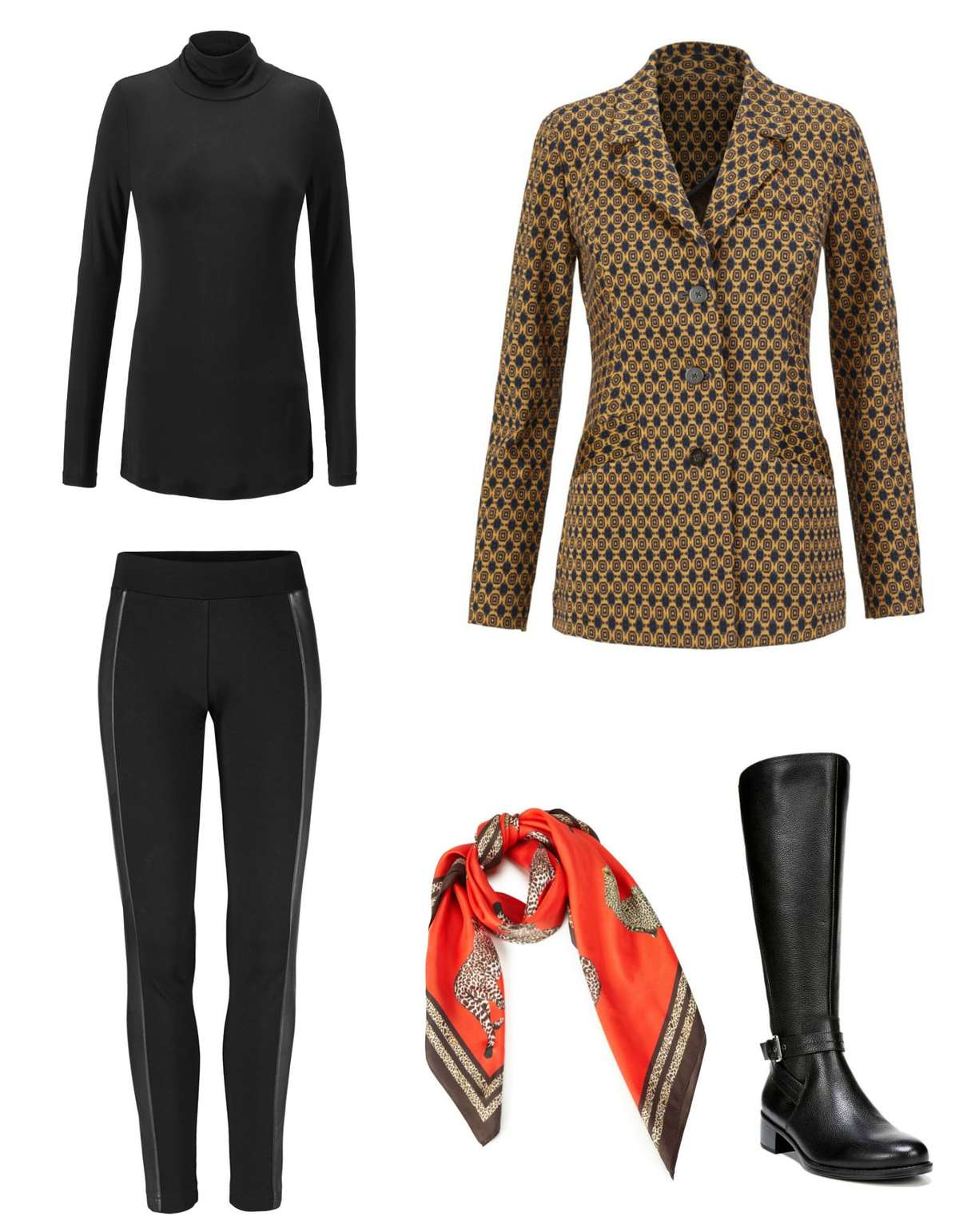 The cabi Standout Jacket styled with the cabi Bexley Legging and Layer Turtleneck, accessoried with the cabi Deidre scarf and Naturalizer Winnie riding boots