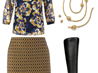 The cabi Lydia Blouse and Standout Skirt styled for fall with the cabi Buzz Necklace and Naturalizer Winnie riding boots.  Add black tights for a long legged look and warmth as the temps drop.