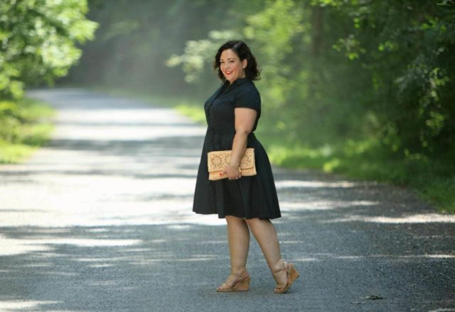 Wardrobe Oxygen in a black cotton shirt dress from ellos with Aerosoles wedge sandals and a raffia clutch bag