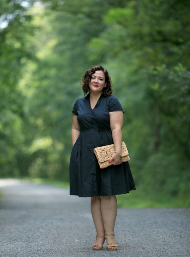 Wardrobe Oxygen in a black cotton shirt dress from ellos with Aerosoles wedge sandals and a raffia clutch bag