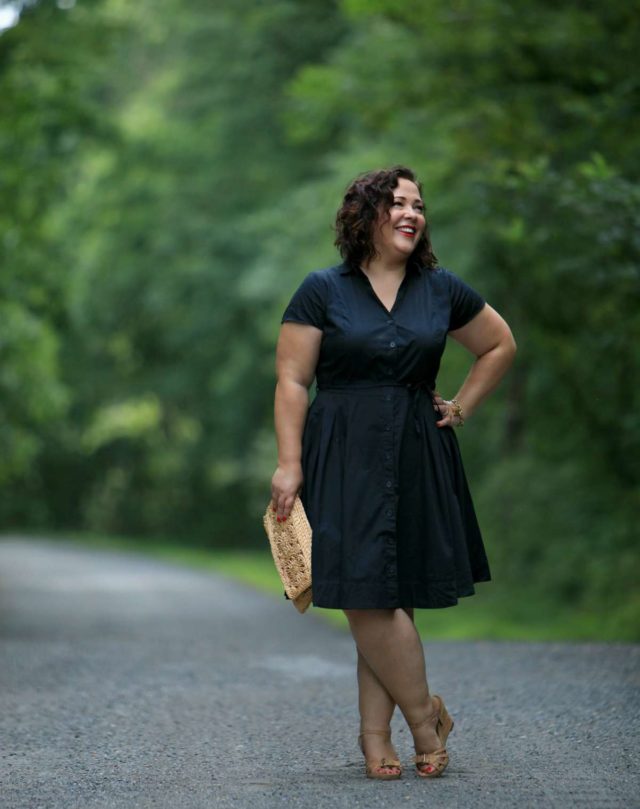 Wardrobe Oxygen in a black cotton shirt dress from ellos with Aerosoles wedge sandals and a raffia clutch bag