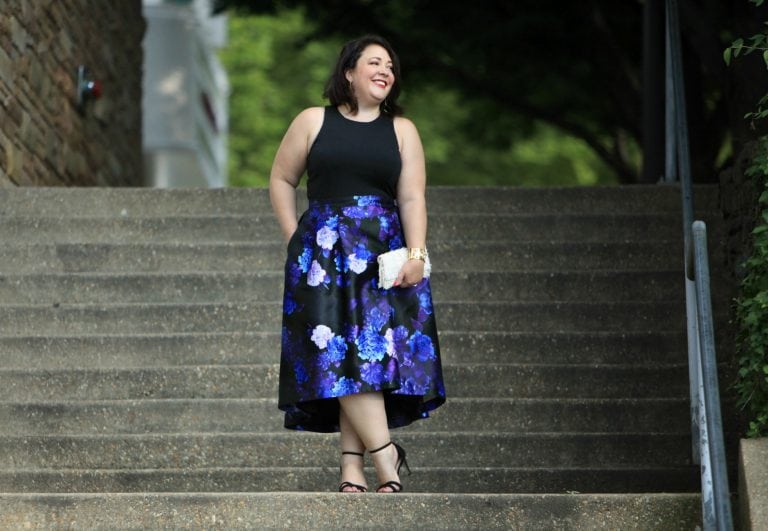 Wardrobe Oxygen in the City Chic Midnight Hi Low Dress via Gwynnie Bee with a Loeffler Randall leather fringe clutch and the cabi Secret Garden Clutch