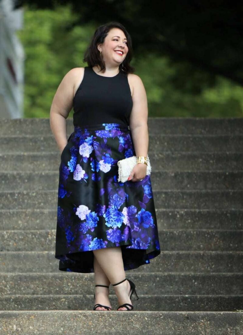 Wardrobe Oxygen in the City Chic Midnight Hi Low Dress via Gwynnie Bee with a Loeffler Randall leather fringe clutch and the cabi Secret Garden Clutch