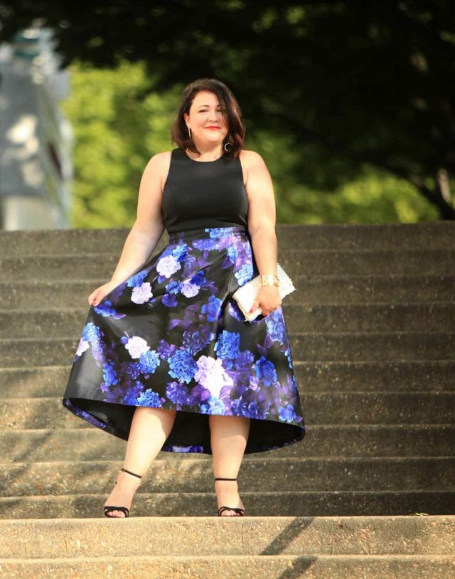 Wardrobe Oxygen in the City Chic Midnight Hi Low Dress via Gwynnie Bee with a Loeffler Randall leather fringe clutch and the cabi Secret Garden Clutch