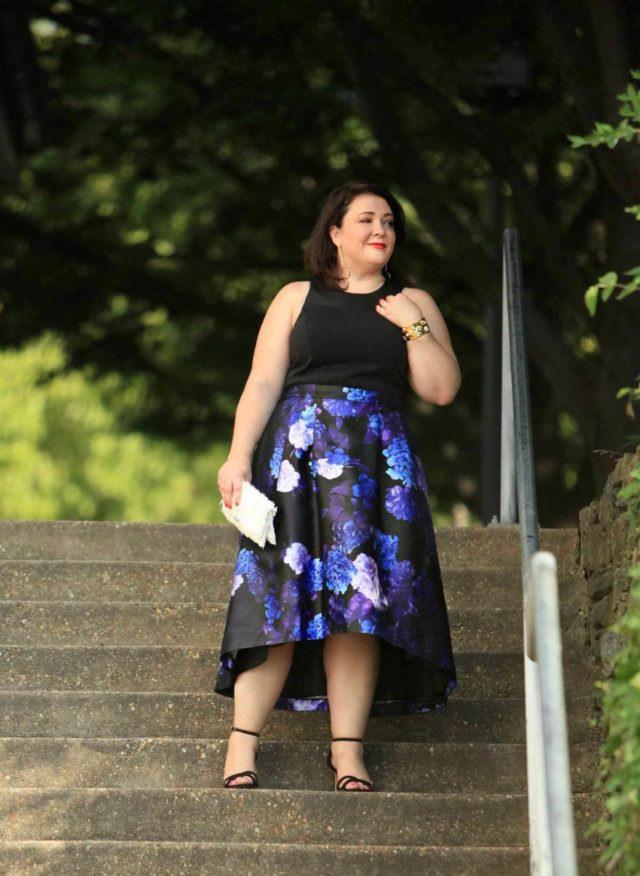 Wardrobe Oxygen in the City Chic Midnight Hi Low Dress via Gwynnie Bee with a Loeffler Randall leather fringe clutch and the cabi Secret Garden Clutch