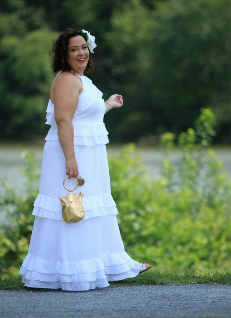 eloquii tiered flounce dress worn to diner en blanc dc