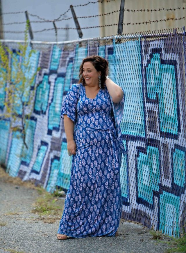 Wardrobe Oxygen in a blue Leota caftan from Gwynnie Bee