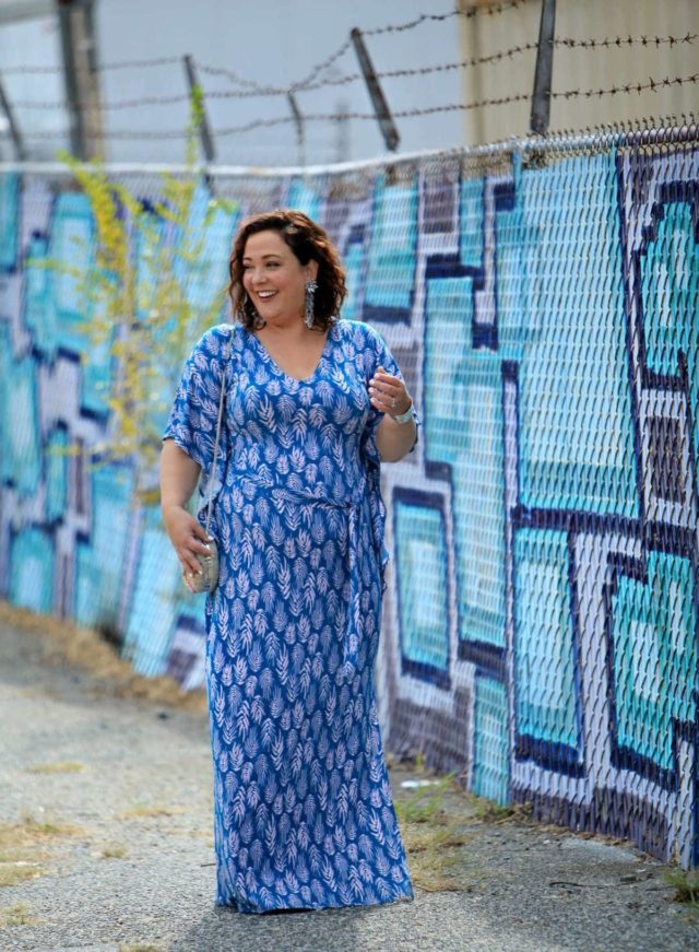 Wardrobe Oxygen in a blue Leota caftan from Gwynnie Bee