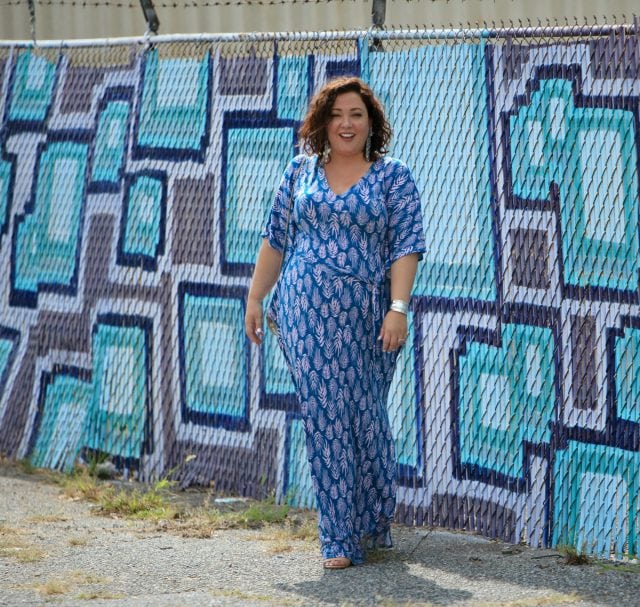 Wardrobe Oxygen in a blue Leota caftan from Gwynnie Bee