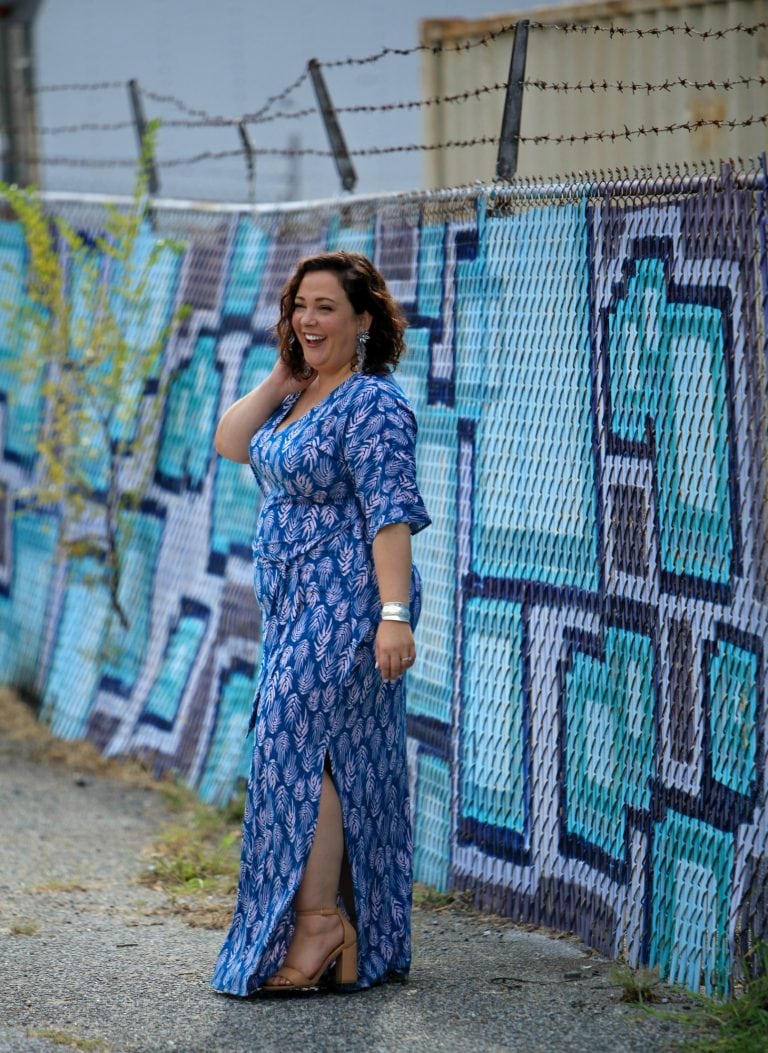 Wardrobe Oxygen in a blue Leota caftan from Gwynnie Bee