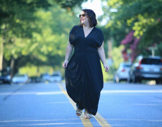 Wardrobe Oxygen in the Myne LA 'Heidi' dress in black silk with gold gladiator sandals and gold Ray-Ban aviators