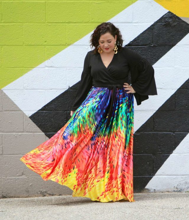 over 40 fashion blogger wardrobe oxygen in a colorful maxi skirt