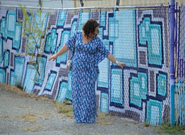 Wardrobe Oxygen in a blue Leota caftan from Gwynnie Bee