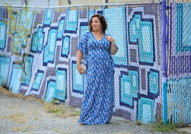 Wardrobe Oxygen in a blue Leota caftan from Gwynnie Bee