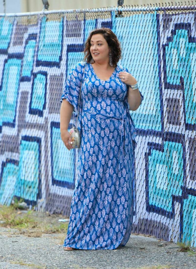 Wardrobe Oxygen in a blue Leota caftan from Gwynnie Bee