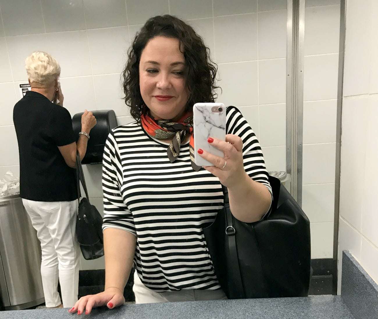 what I wore on the plane - cabi striped tee and desidre scarf with talbots white ankle jeans