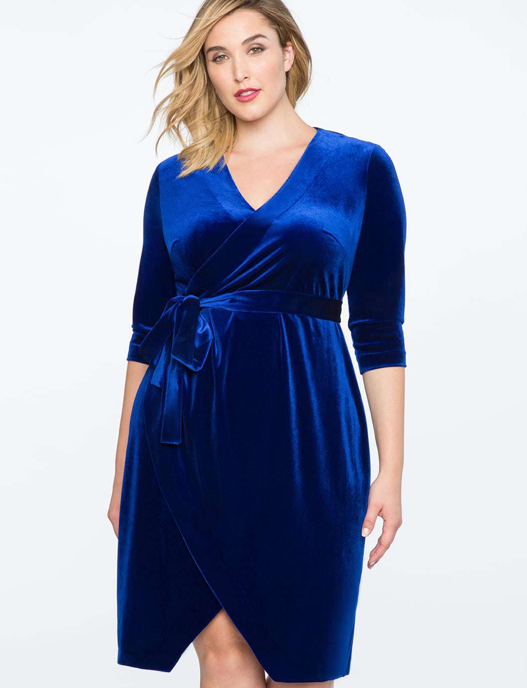 ELOQUII blue velvet plus size wrap dress - Wardrobe Oxygen