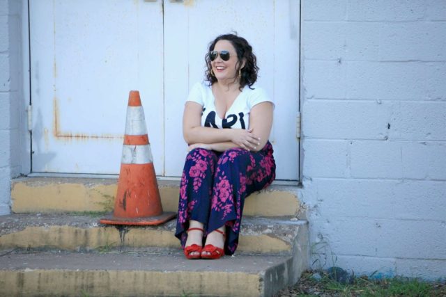 Wardrobe Oxygen in magenta and navy floral wide leg pants with red suede platform sandals from Naturalizer