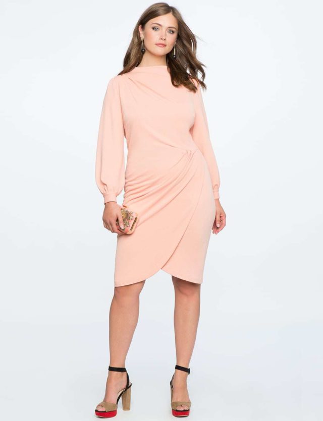 winter cocktail dress - blush pink long sleeve drape dress from ELOQUII