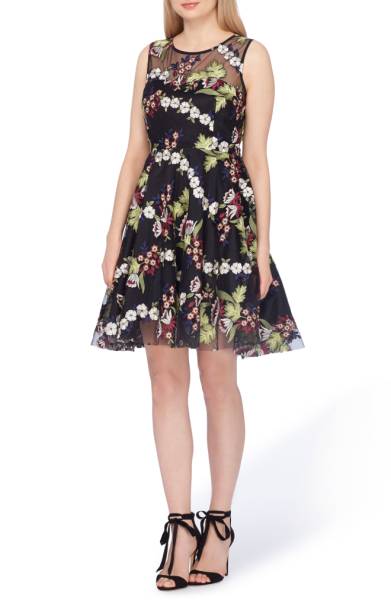 Plus size embroidery overlay fit and flare dress from Tahari