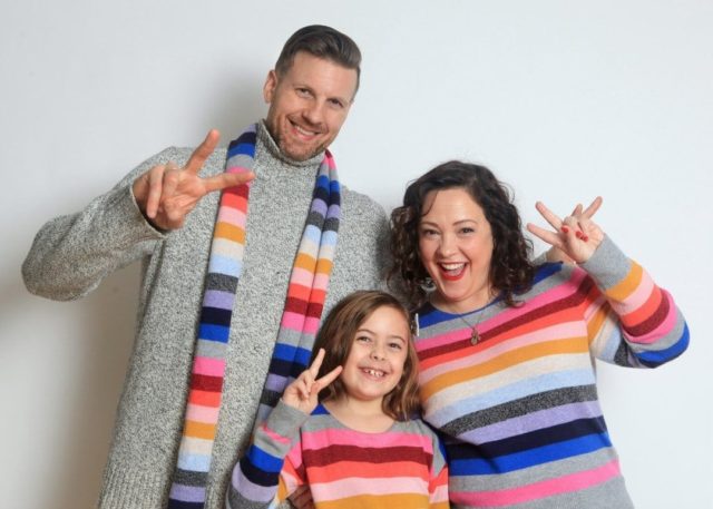 Gap crazy stripe sweaters worn in a holiday card by Wardrobe Oxygen