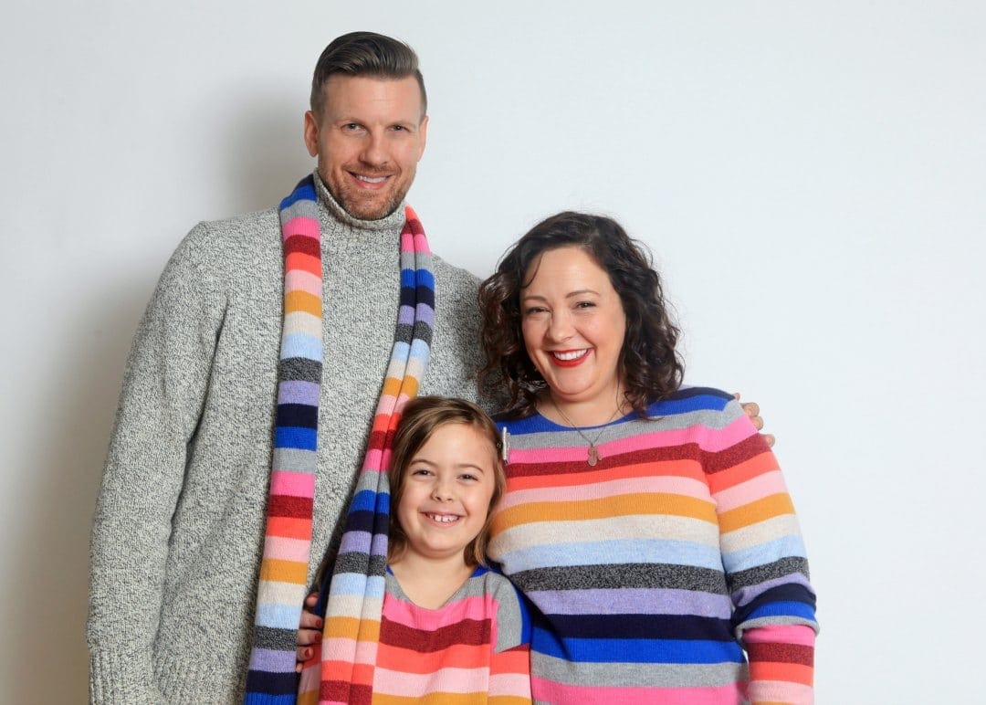 Gap crazy stripe sweaters worn in a holiday card by Wardrobe Oxygen