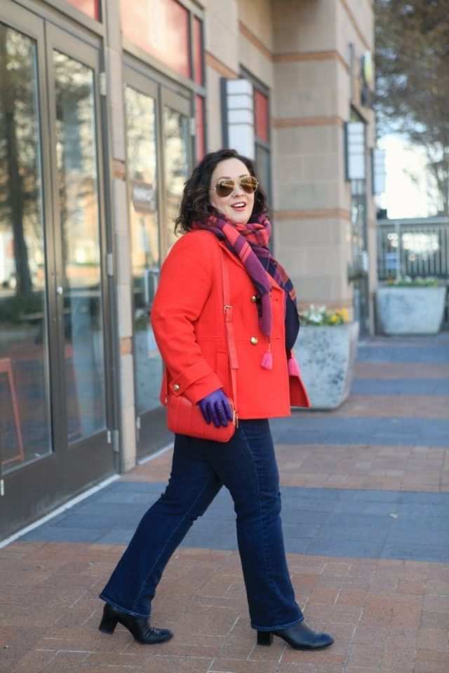  Wardrobe Oxygen in a red Talbots peacoat, plaid scarf, and purple leather gloves with Talbots Flawless Fit bootcut jeans