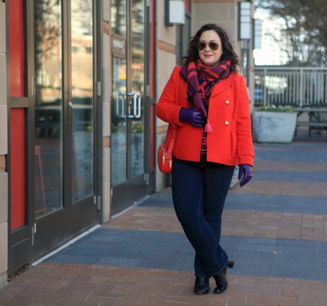  Wardrobe Oxygen in a red Talbots peacoat, plaid scarf, and purple leather gloves with Talbots Flawless Fit bootcut jeans