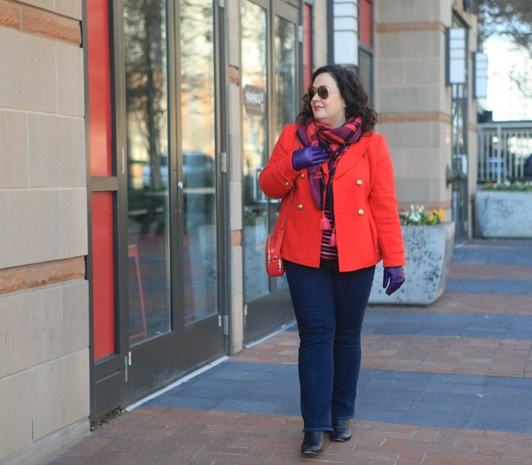  Wardrobe Oxygen in a red Talbots peacoat, plaid scarf, and purple leather gloves with Talbots Flawless Fit bootcut jeans