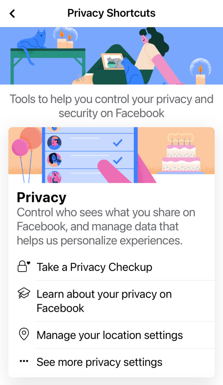 screenshot of the privacy shortcuts screen on the Facebook app