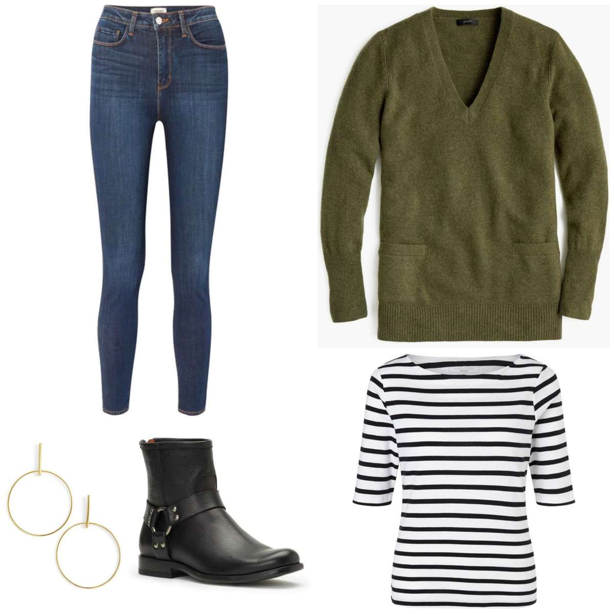 Styling pieces from a work from home capsule wardrobe featuring skinny stretch jeans, Breton tee, tunic sweater, harness boots, and Argento Vivo gold statement earrings.