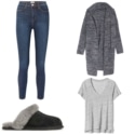 Capsule Wardrobe for a Work at Home Woman or SAHM featuring a Barefoot Dreams cardigan, linen v-neck tee, leggings, and UGG slippers