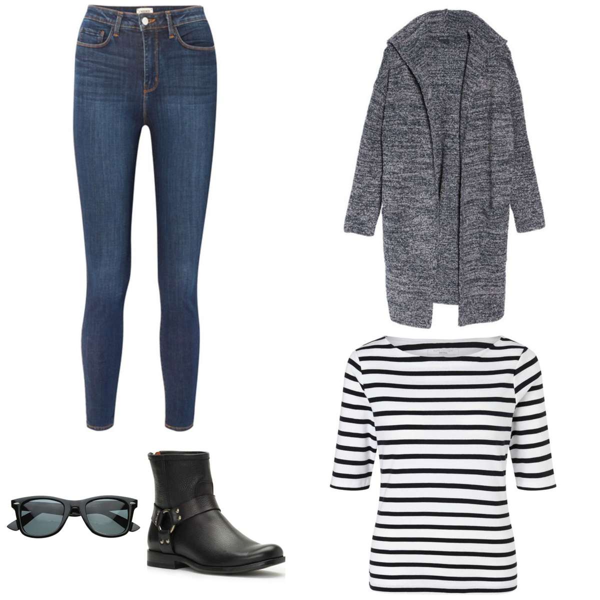 Capsule wardrobe for the work at home woman featuring a Barefoot Dreams chenille cardigan, Breton top, skinny stretch jeans, Frye harness boots, and sunglasses