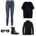 Black cashmere poncho over a black layering turtleneck with skinny jeans, black harness boots, and Wayfarer sunglasses