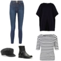 Capsule wardrobe for the stay at home mom or work from home woman teleworker. Layering a cashmere poncho over a Breton top with skinny stretch jeans, a baker boy cap, and Frye harness boots.