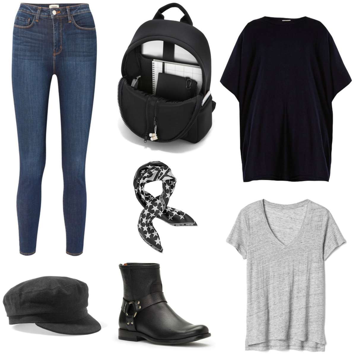 Capsule wardrobe for the teleworker featuring a black poncho tunic, skinny stretch jeans, and black accessories.
