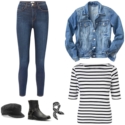 Casual weekend or work from home outfit featuring stretchy skinny jeans, a denim jacket, Breton tee, black and white printed bandana, black harness boots, and black baker boy cap