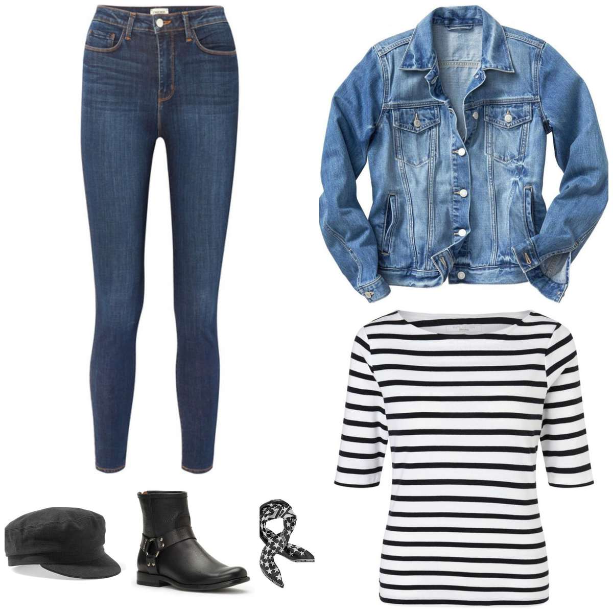 Casual weekend or work from home outfit featuring stretchy skinny jeans, a denim jacket, Breton tee, black and white printed bandana, black harness boots, and black baker boy cap