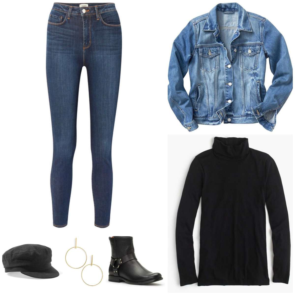 Casual work from home look featuring skinny stretch jeans, a denim jacket, black layering turtleneck, black harness boots, black baker boy cap, and gold Argento Vivo hoop earrings.