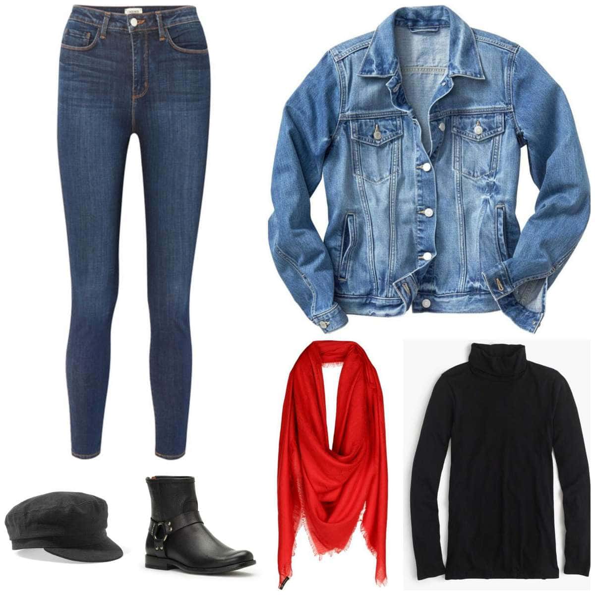 Casual work from home style featuring leggings, a Madewell denim jacket, layering turtleneck, baker boy cap, black harness boots, and a red passim scarf looped around the neck.