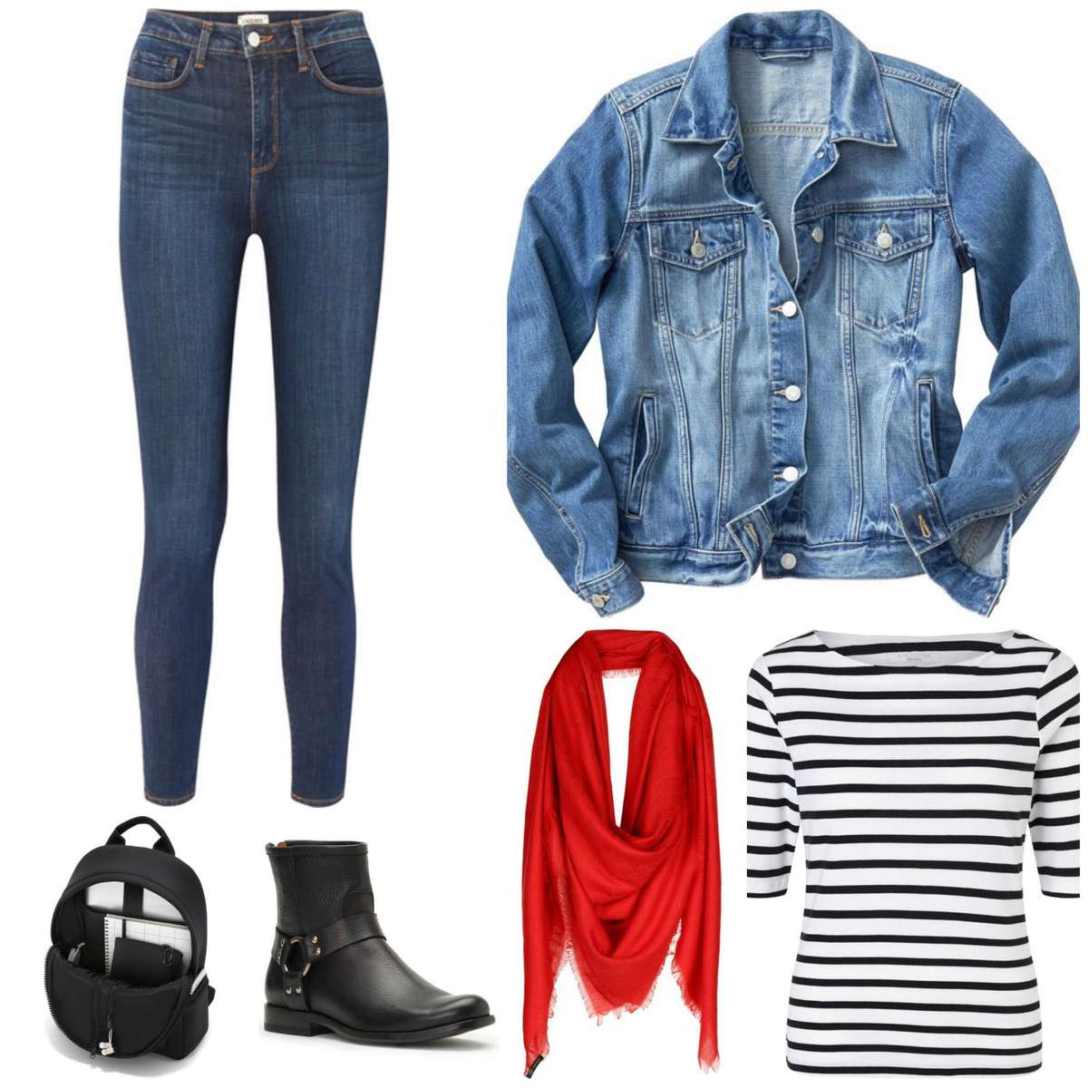 Casual work from home look featuring leggings, a denim jacket, Breton stripe top, black harness boots, a black Dagne Dover backpack, and are pashmina looped around the neck.