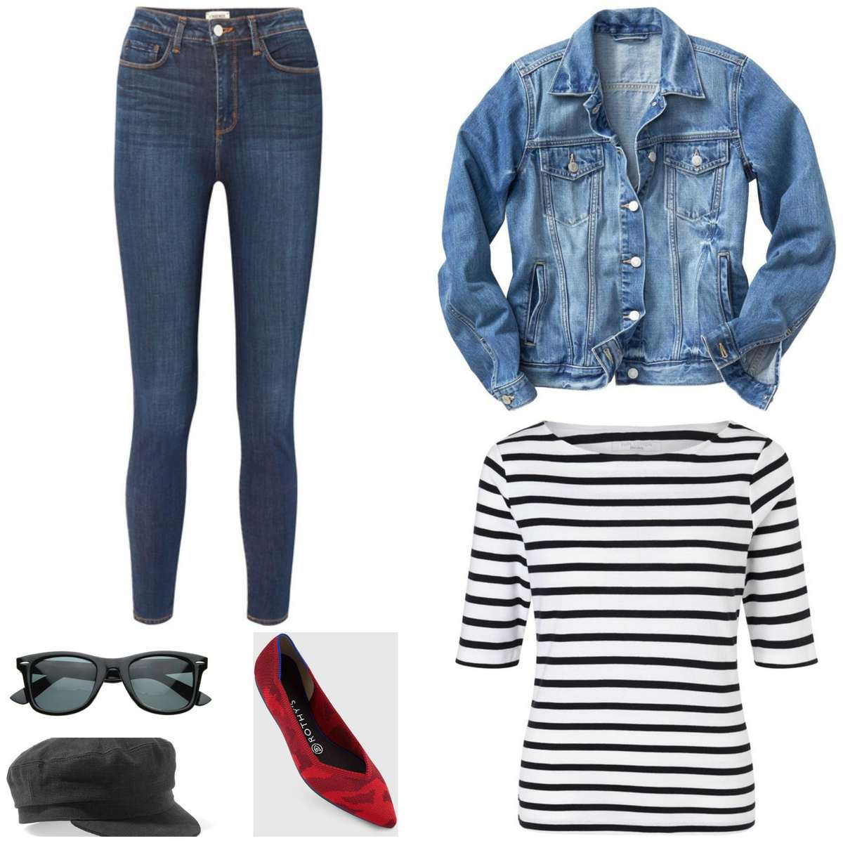 Casual work from home outfit featuring leggings, denim jacket, Breton top, Rothy's flats in red camp, a black baker boy cap and black Ray-Ban Wayfarer sunglasses.