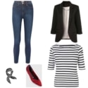 Casual work from home outfit featuring a black ponte knit blazer styled with leggings and a Breton stripe tee and accessorized with red camouflage Rothy's flats and a black and white scarf.