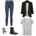 Work from home style: A black ponte knit blazer styled with a grey v-neck linen tee, denim leggings, black harness boots, and a black and white bandana.