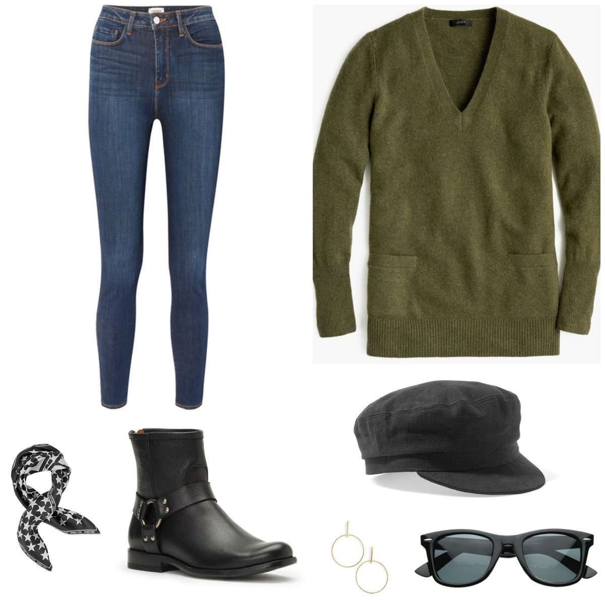 A pair of stretch skinny jeans with a green v-neck tunic sweater, black baker boy cap, black Ray-Ban Wayfarer sunglasses, gold Argento Vivo earrings, black harness boots, and a black and white scarf.