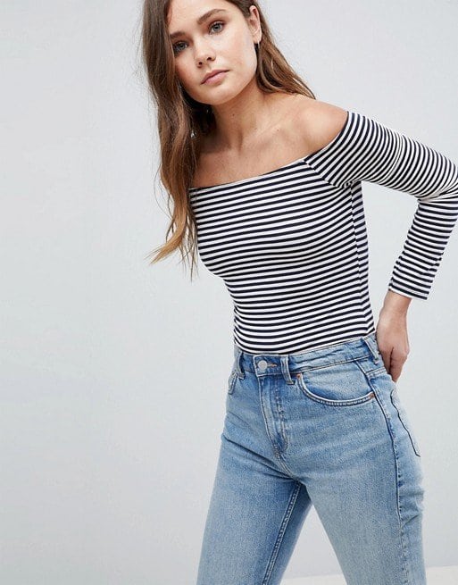 ASOS Body with Off Shoulder in Stripe with Long Sleeves