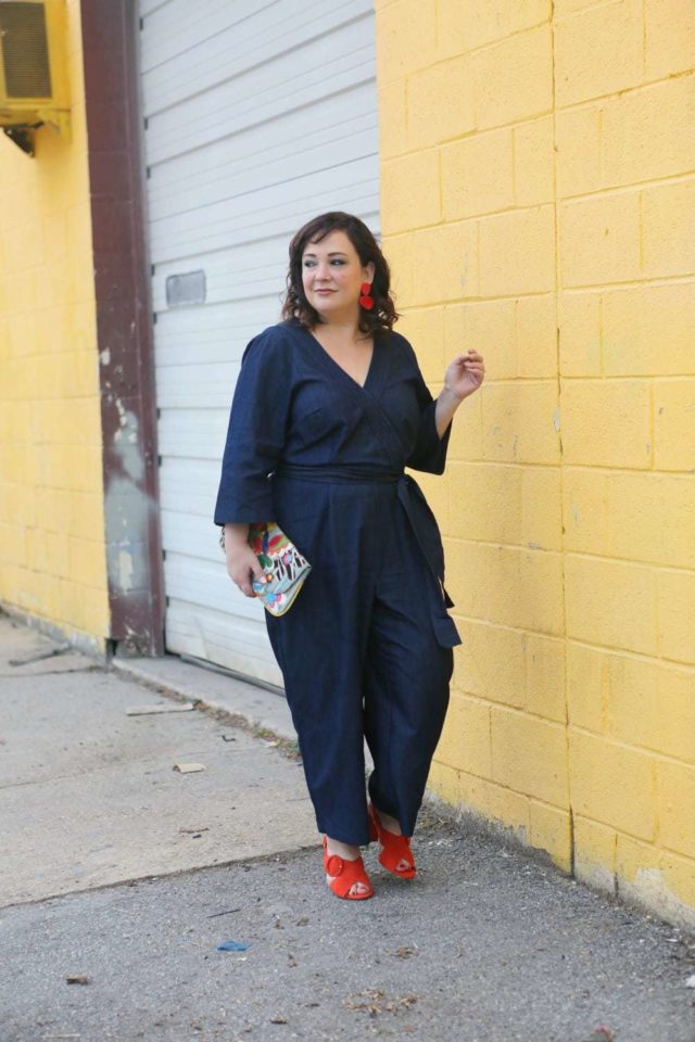 Wardrobe Oxygen in an ELOQUII denim jumpsuit with orange suede Ann Taylor sandals - ELOQUII Denim Jumpsuit styled by popular Washington DC petite fashion blogger, Wardrobe Oxygen