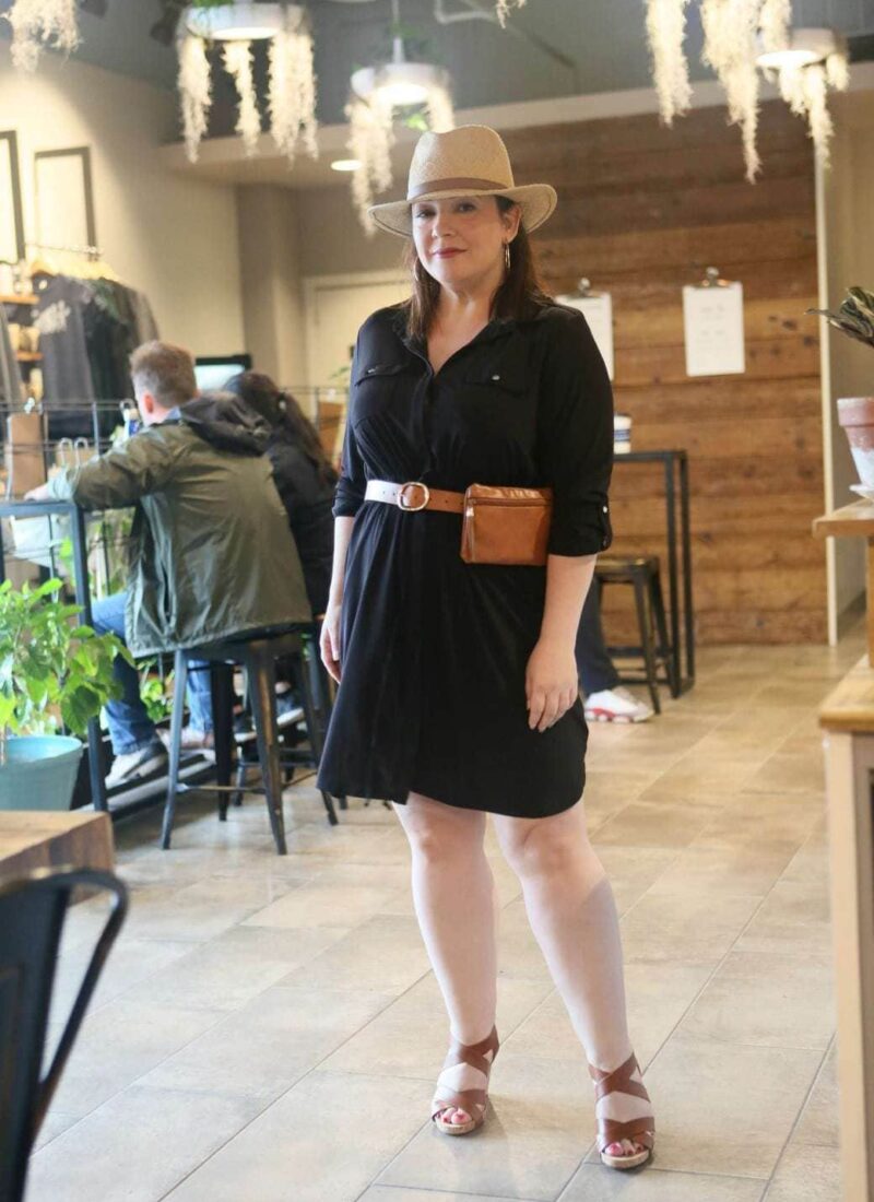 Black petite plus size shirtdress from NY Collection via Macy's as seen on Wardrobe Oxygen - Summer Travel Style with Macy's x NY Collection featured by popular Washington DC petite fashion blogger, Wardrobe Oxygen
