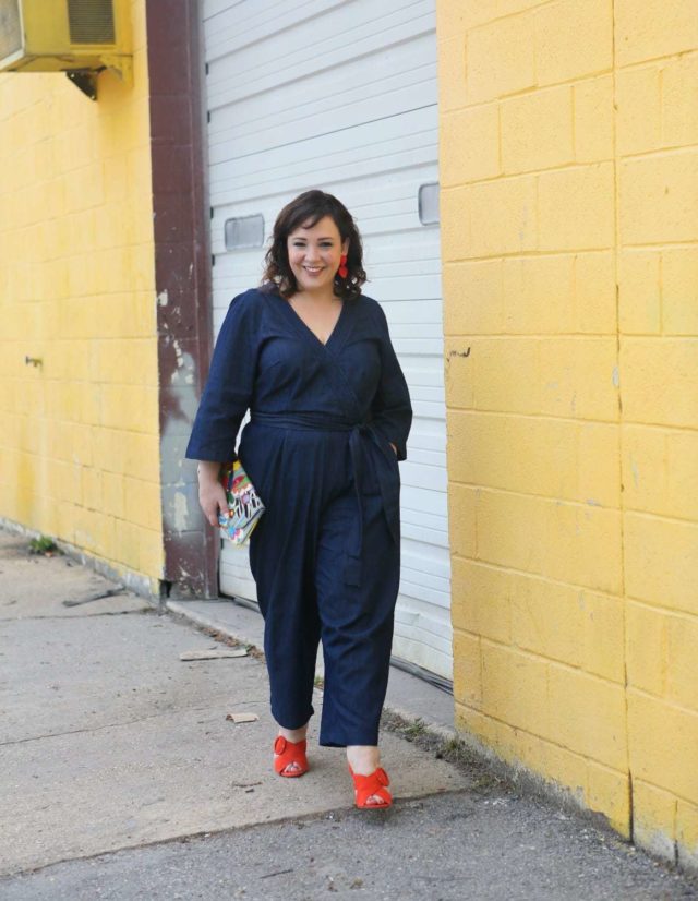 Wardrobe Oxygen in an ELOQUII faux wrap denim jumpsuit with orange suede block heel sandals from Ann Taylor - ELOQUII Denim Jumpsuit styled by popular Washington DC petite fashion blogger, Wardrobe Oxygen